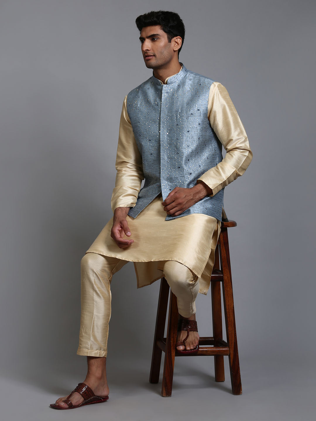 Men's Grey And Gold Silk Blend Jacket, Kurta and Pyjama Set