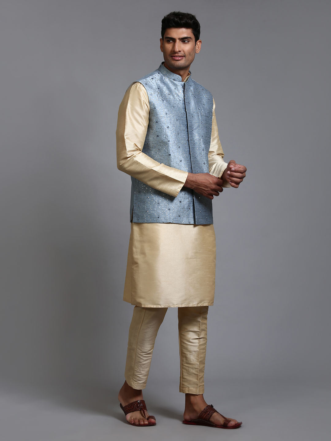 Men's Grey And Gold Silk Blend Jacket, Kurta and Pyjama Set