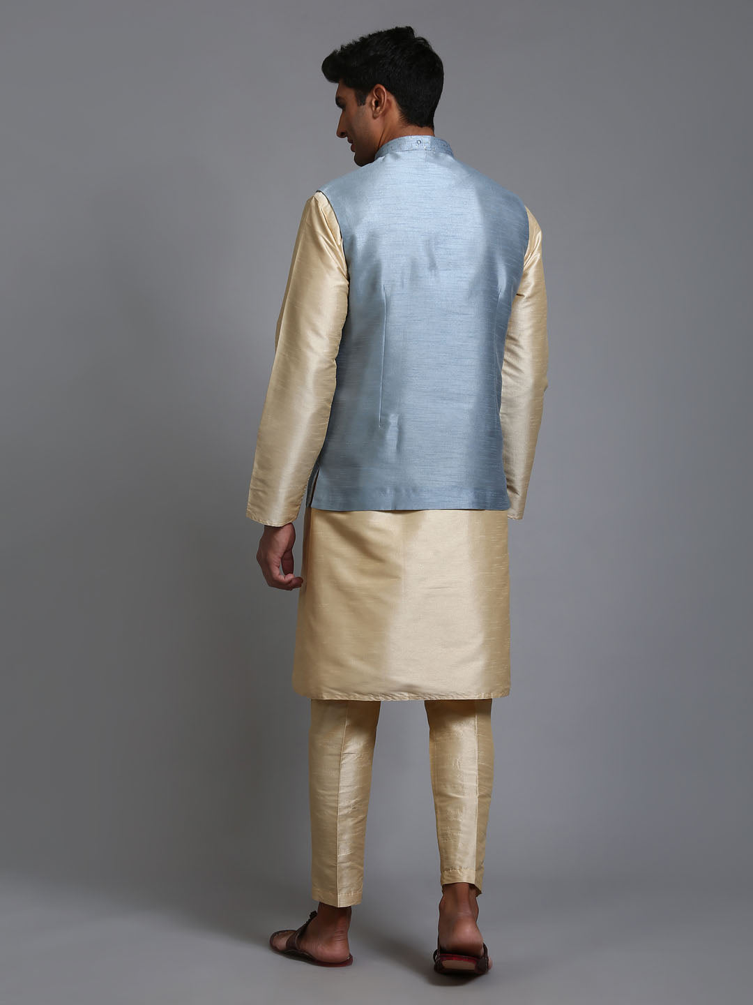 Men's Grey And Gold Silk Blend Jacket, Kurta and Pyjama Set