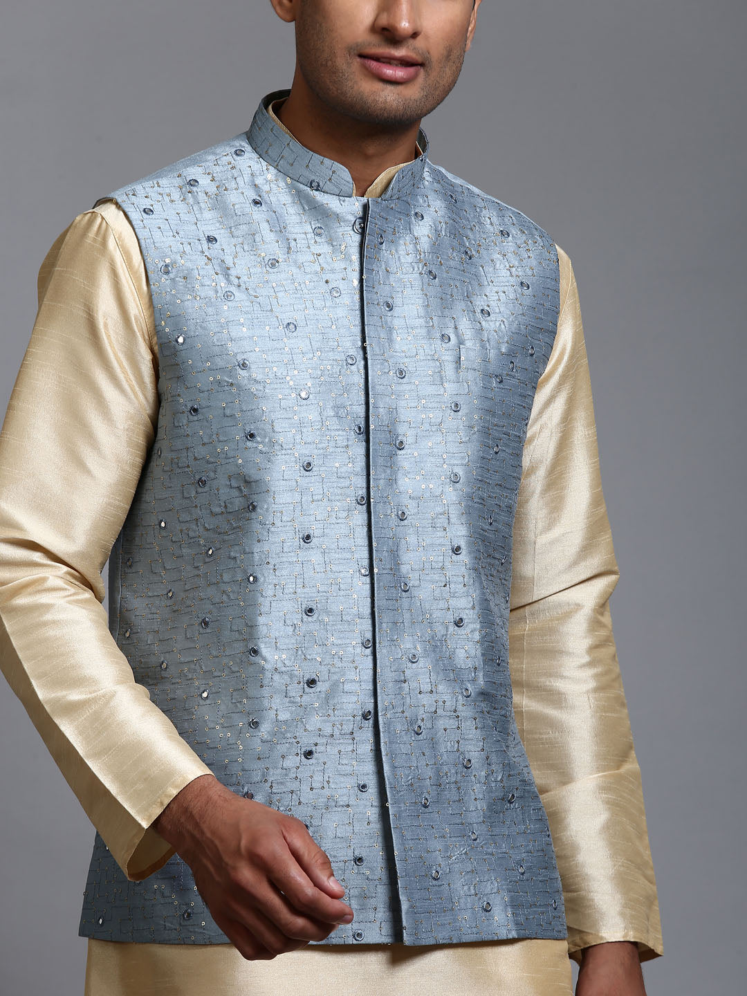 Men's Grey And Gold Silk Blend Jacket, Kurta and Pyjama Set