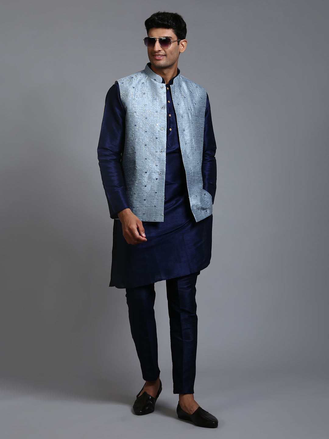 Men's Grey And Navy Blue Silk Blend Jacket, Kurta and Pyjama Set