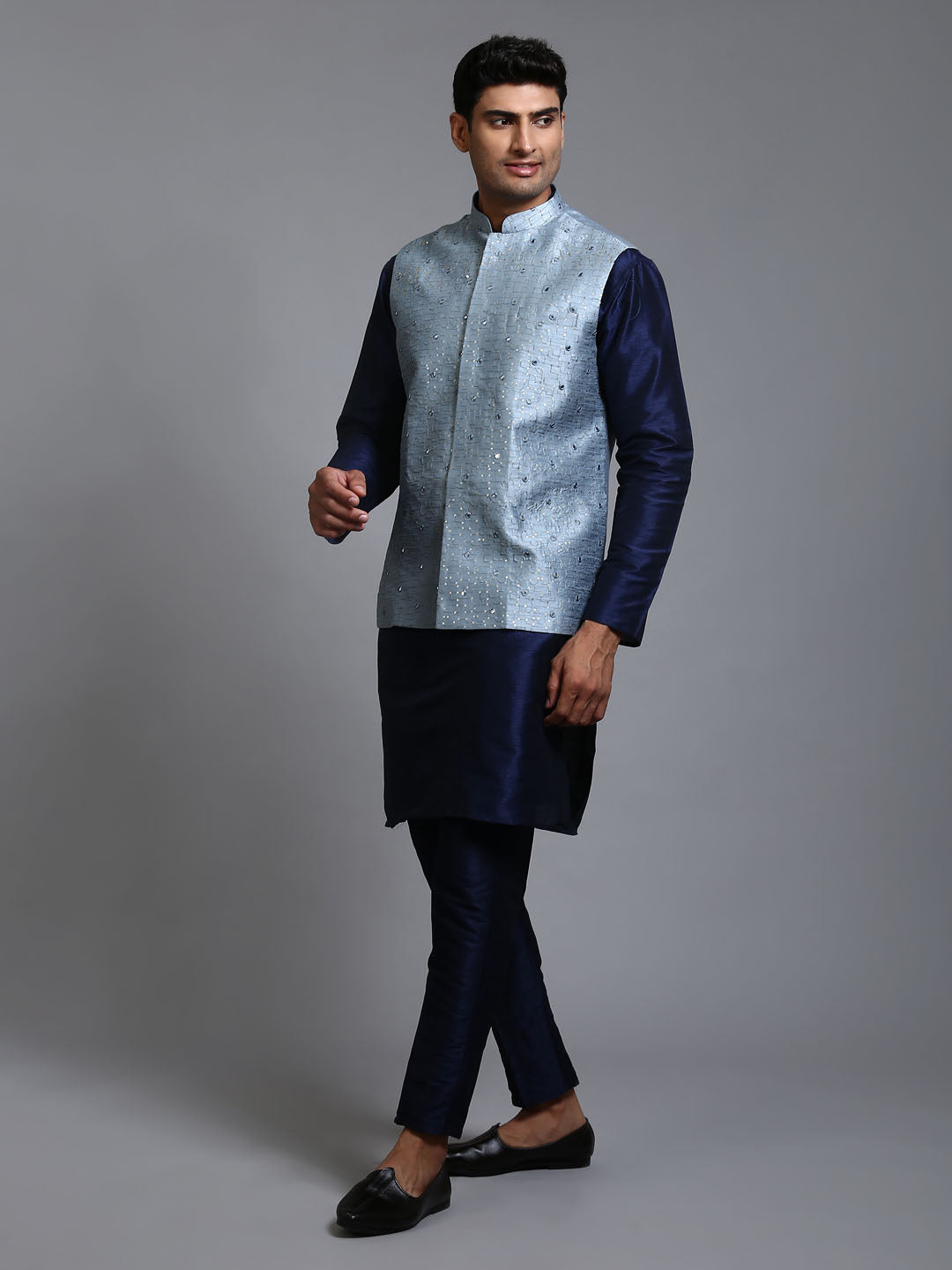 Men's Grey And Navy Blue Silk Blend Jacket, Kurta and Pyjama Set