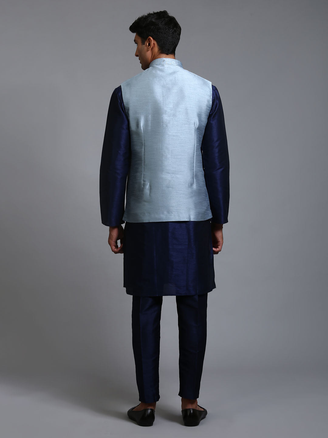 Men's Grey And Navy Blue Silk Blend Jacket, Kurta and Pyjama Set