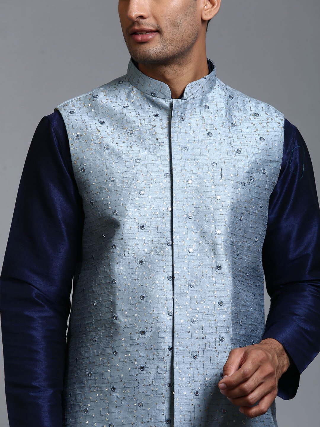 Men's Grey And Navy Blue Silk Blend Jacket, Kurta and Pyjama Set