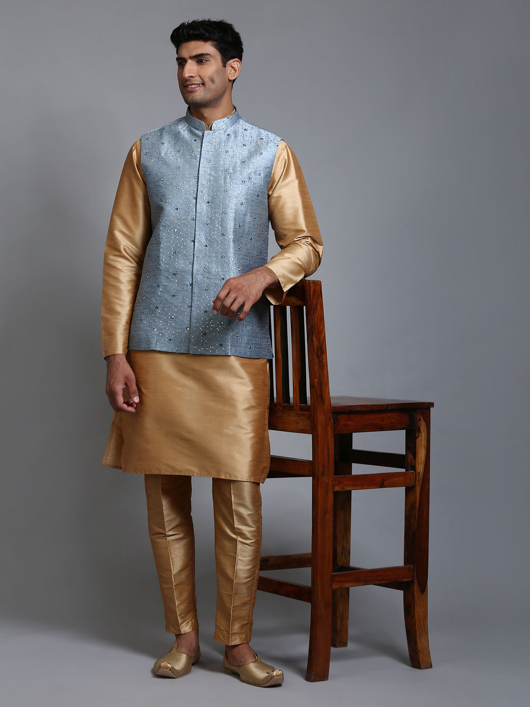 Men's Grey And Rose Gold Silk Blend Jacket, Kurta and Pyjama Set