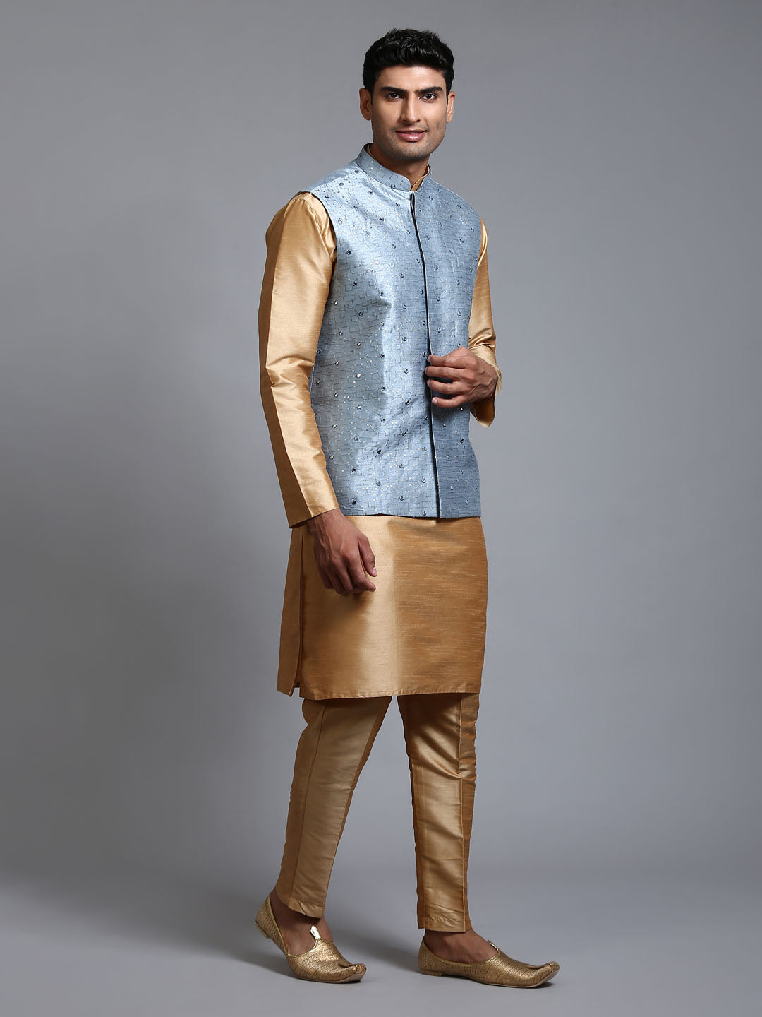 Men's Grey And Rose Gold Silk Blend Jacket, Kurta and Pyjama Set