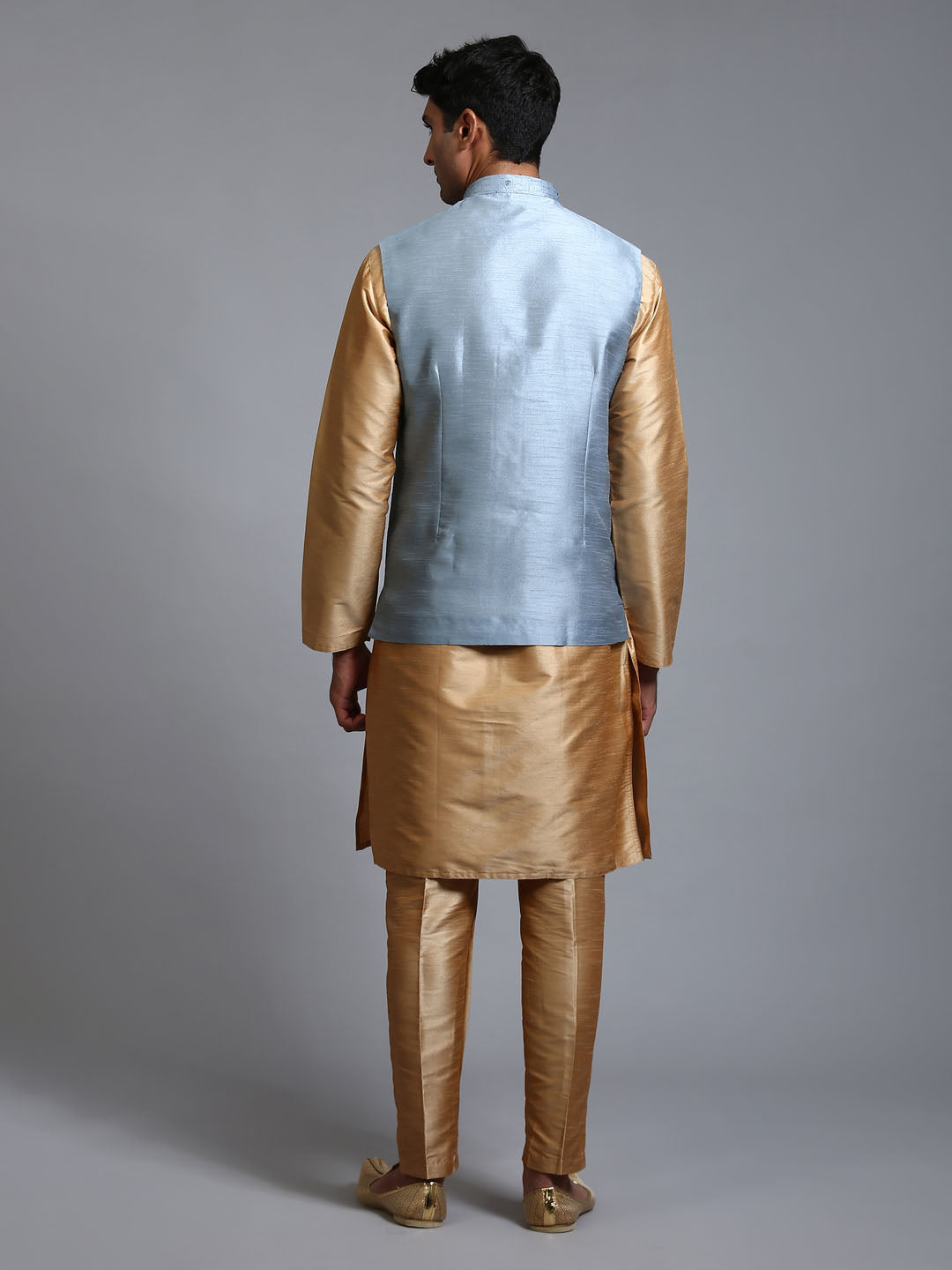 Men's Grey And Rose Gold Silk Blend Jacket, Kurta and Pyjama Set