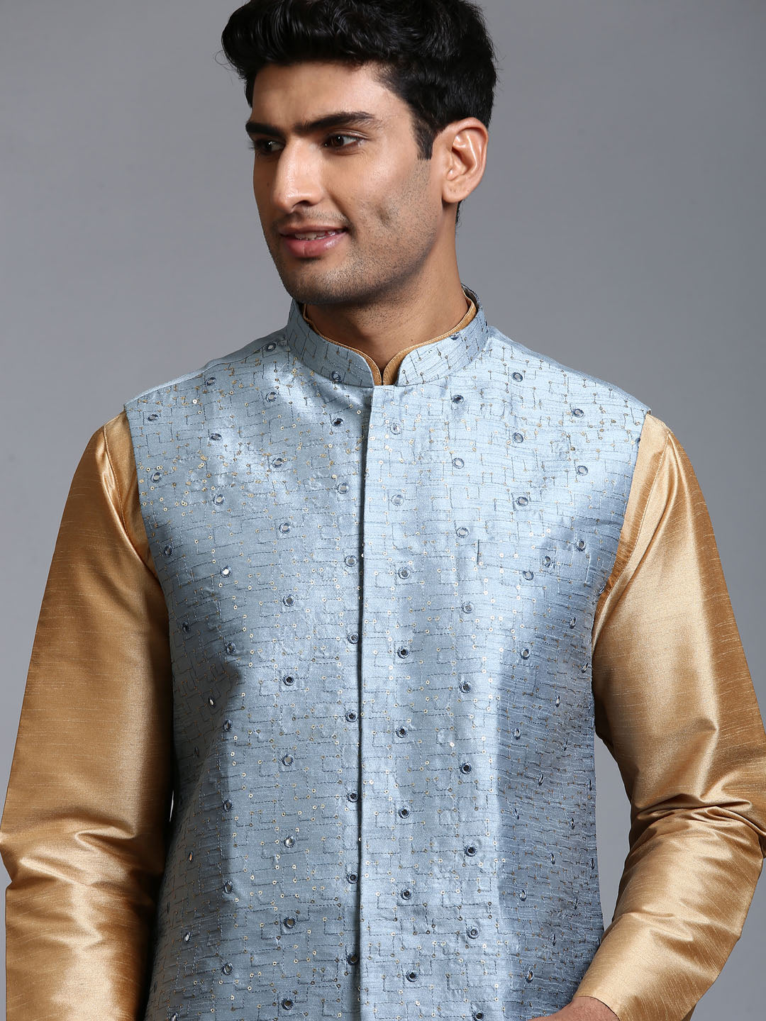 Men's Grey And Rose Gold Silk Blend Jacket, Kurta and Pyjama Set