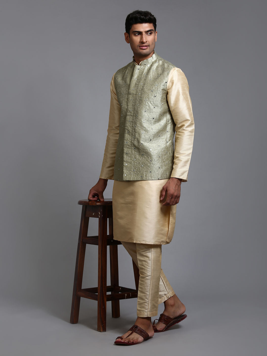 Men's Mint Green And Gold Silk Blend Jacket, Kurta and Pyjama Set