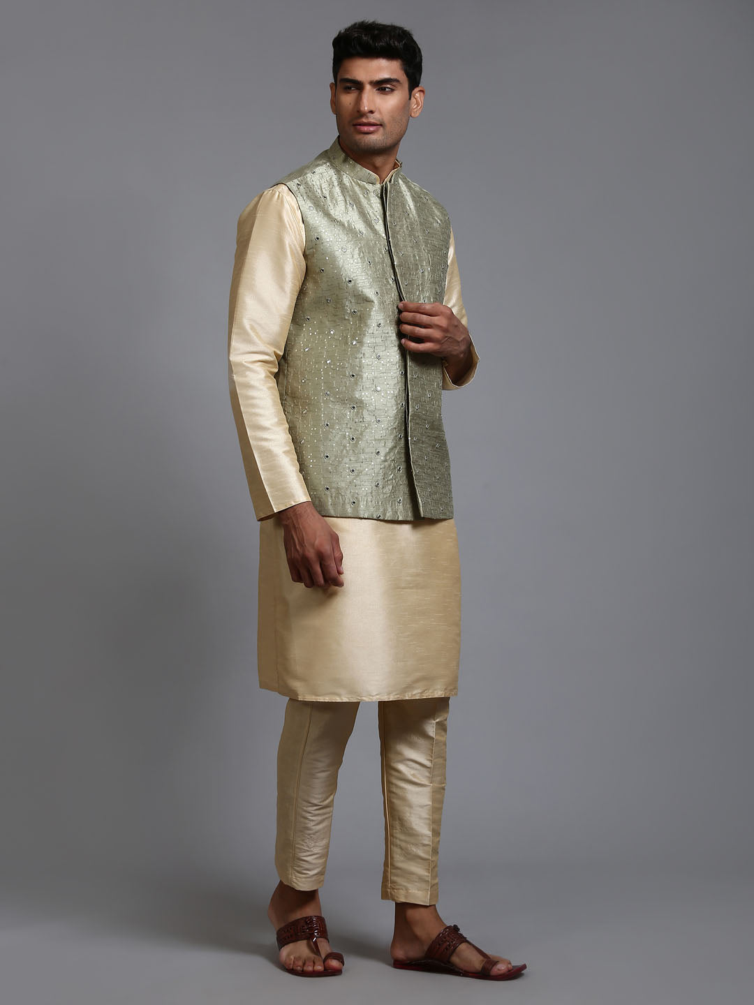 Men's Mint Green And Gold Silk Blend Jacket, Kurta and Pyjama Set