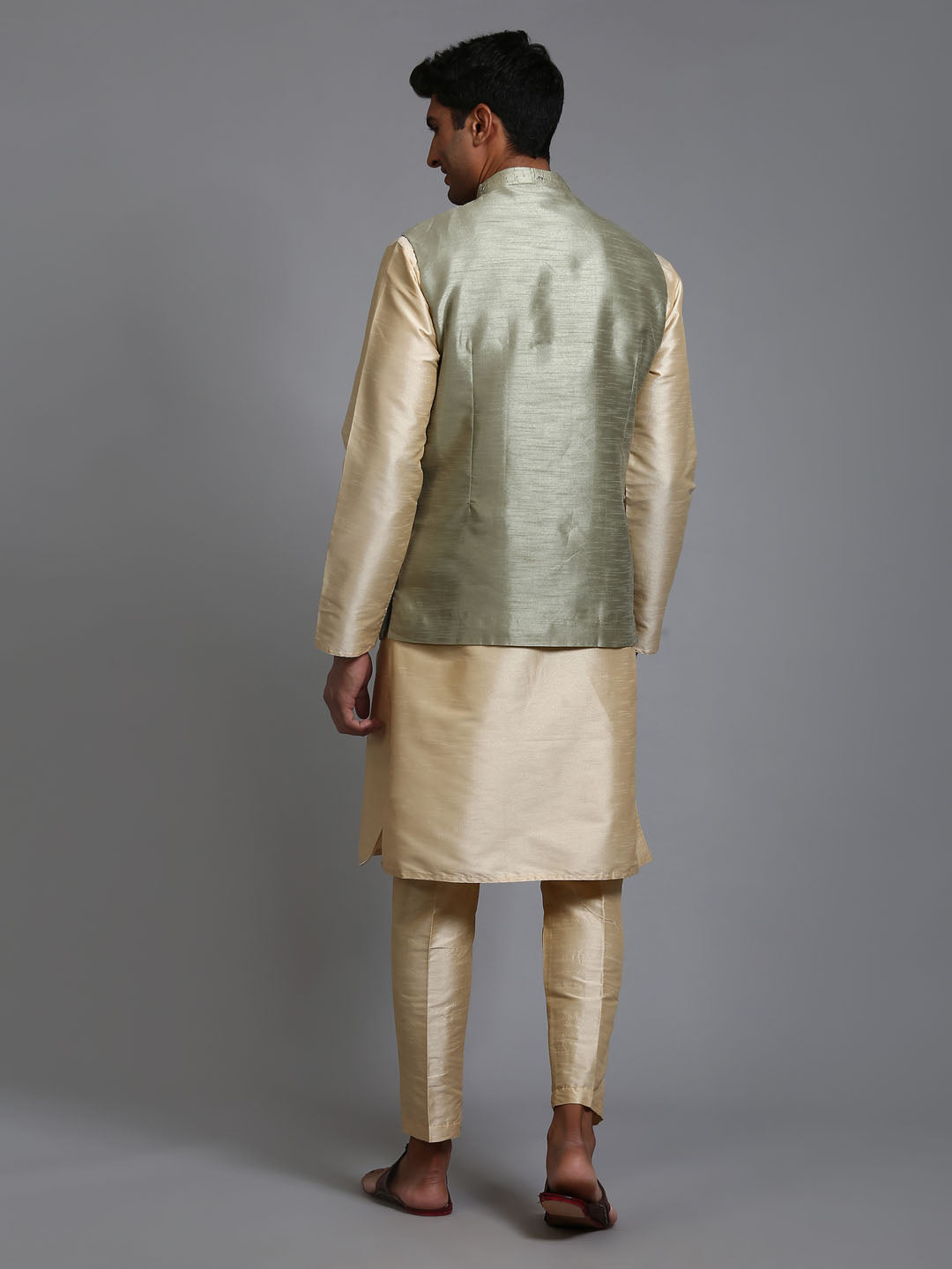 Men's Mint Green And Gold Silk Blend Jacket, Kurta and Pyjama Set