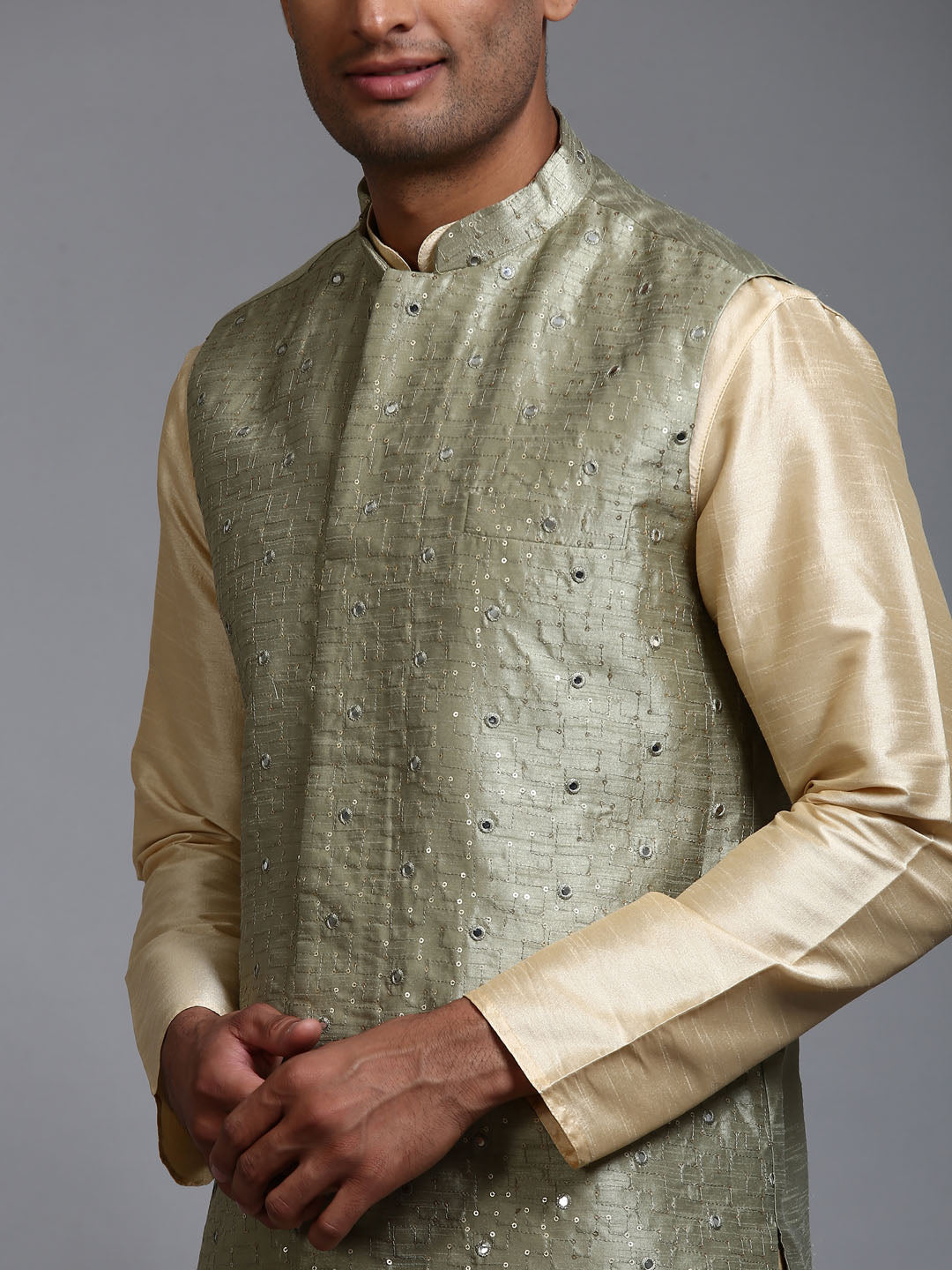 Men's Mint Green And Gold Silk Blend Jacket, Kurta and Pyjama Set