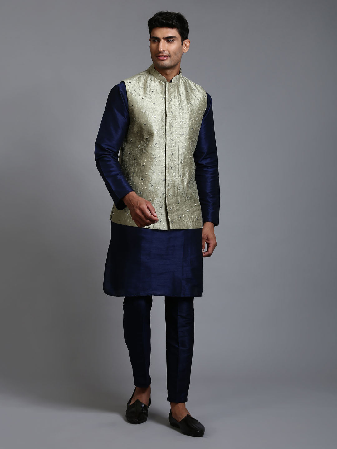 Men's Mint Green And Navy Blue Silk Blend Jacket, Kurta and Pyjama Set