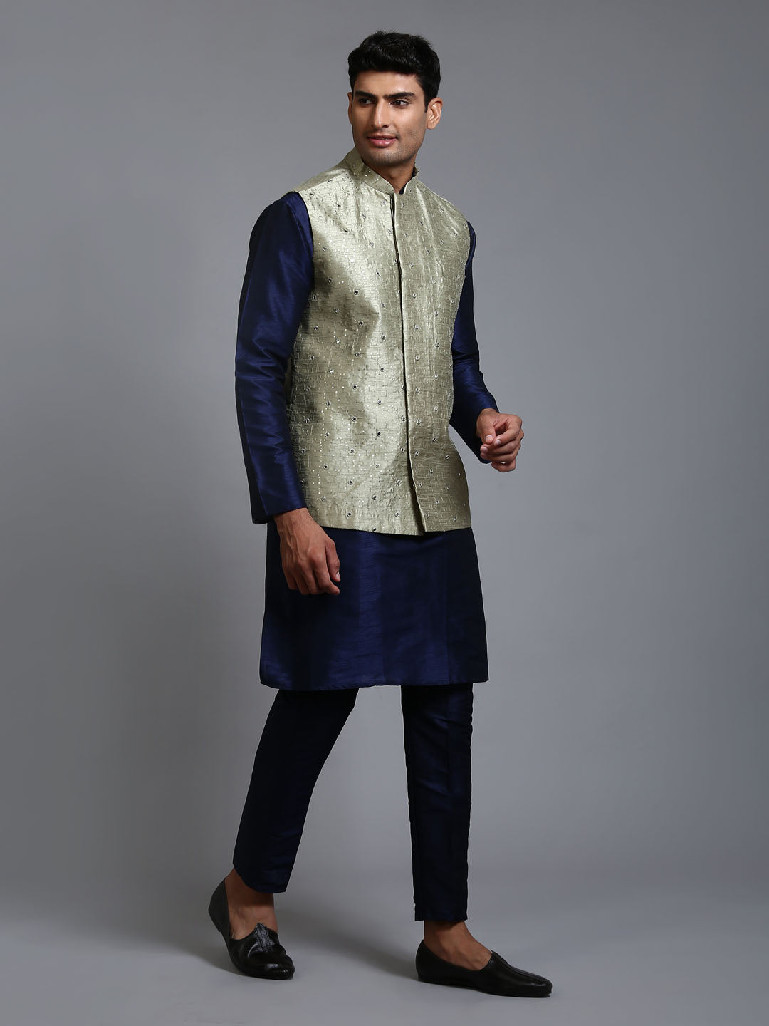 Men's Mint Green And Navy Blue Silk Blend Jacket, Kurta and Pyjama Set