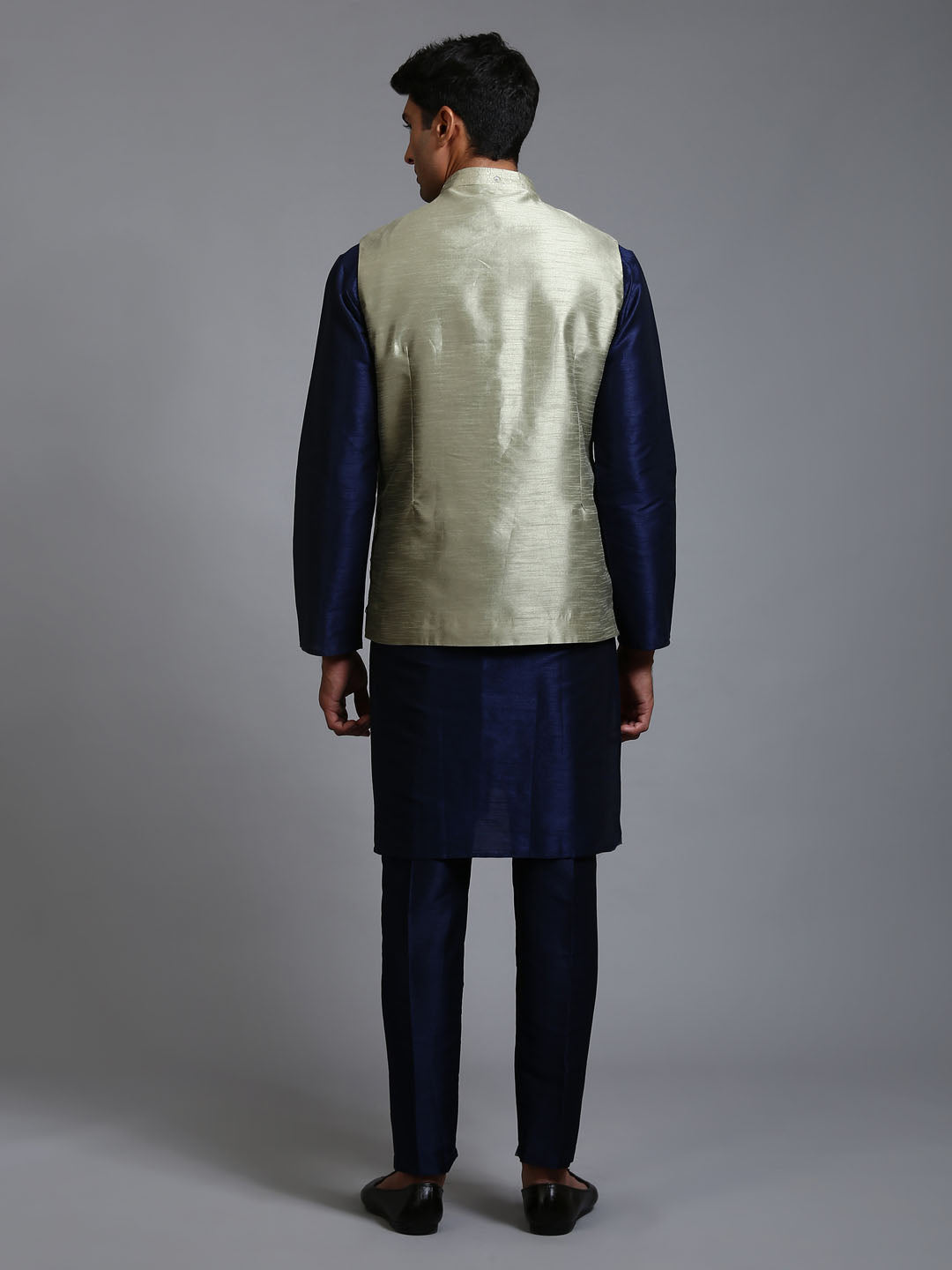 Men's Mint Green And Navy Blue Silk Blend Jacket, Kurta and Pyjama Set