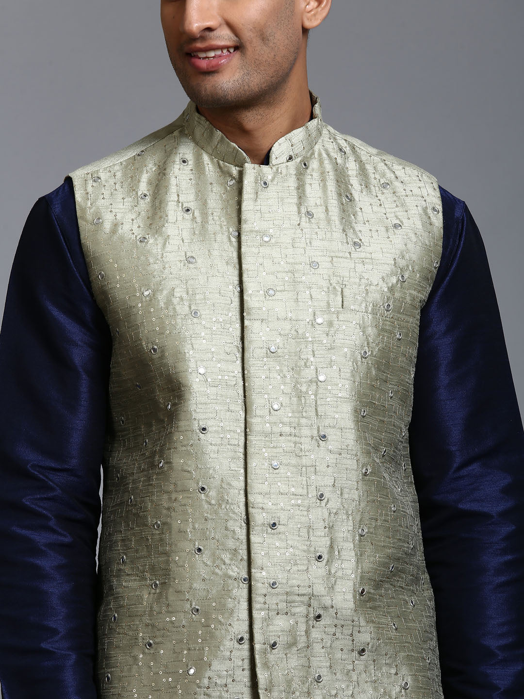 Men's Mint Green And Navy Blue Silk Blend Jacket, Kurta and Pyjama Set