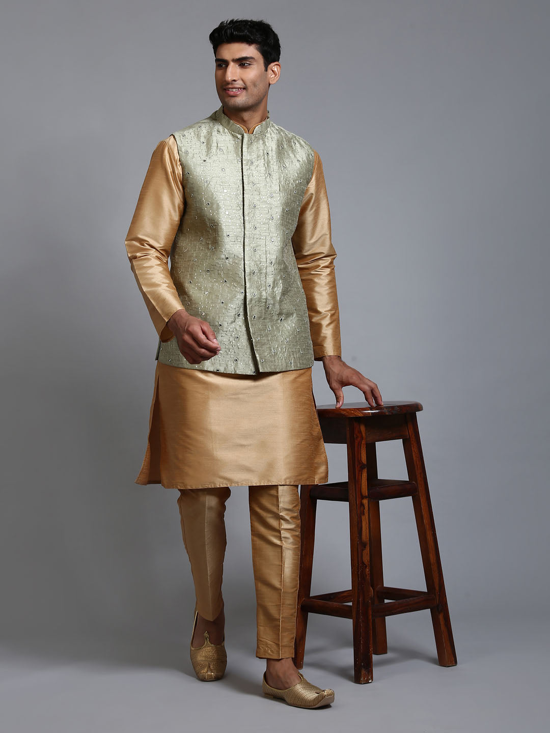 Men's Mint Green And Rose Gold Silk Blend Jacket, Kurta and Pyjama Set