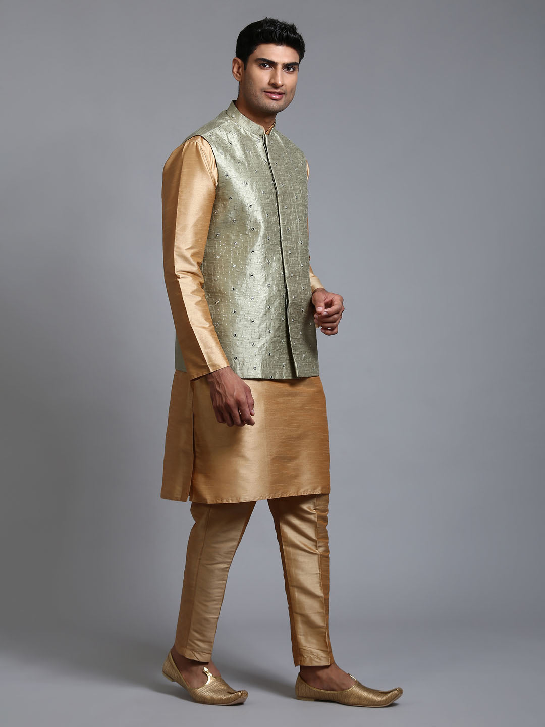 Men's Mint Green And Rose Gold Silk Blend Jacket, Kurta and Pyjama Set