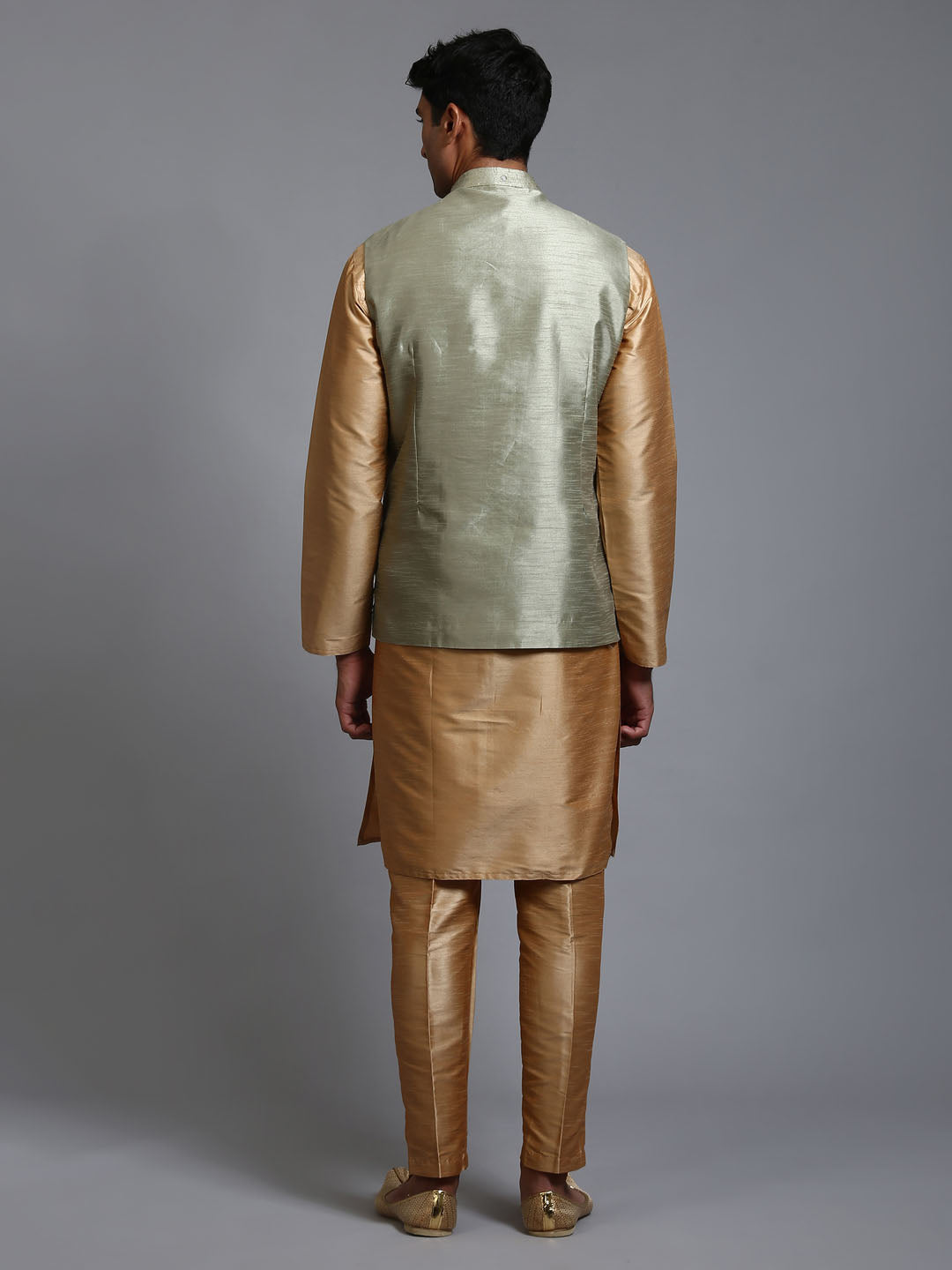 Men's Mint Green And Rose Gold Silk Blend Jacket, Kurta and Pyjama Set