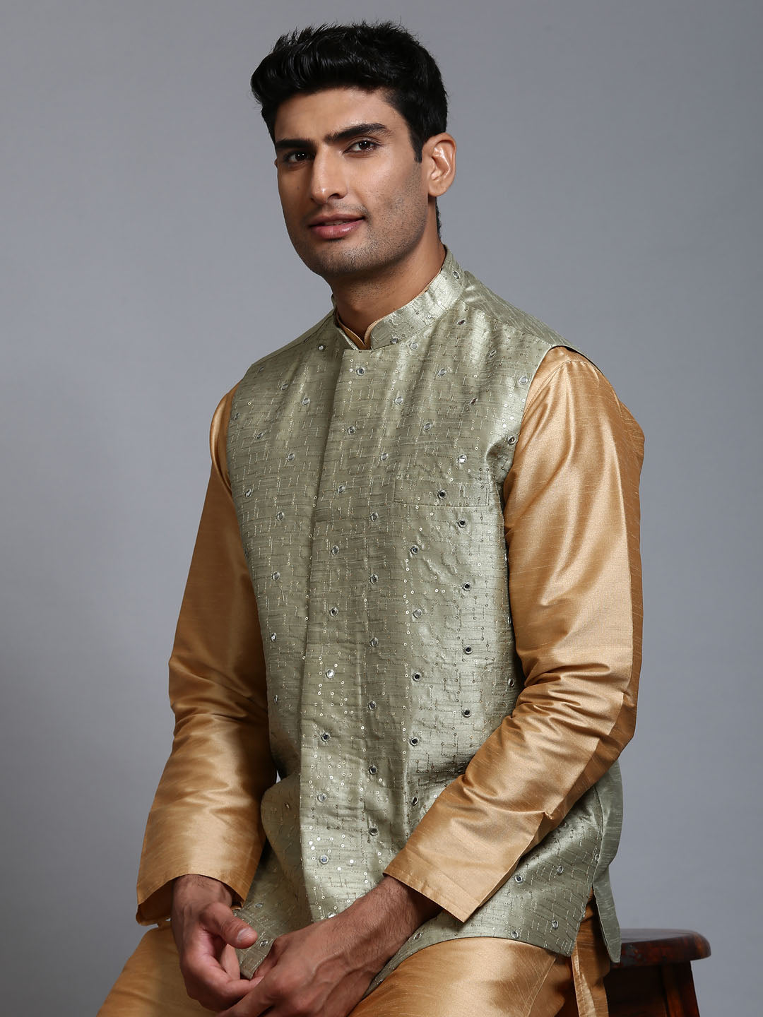 Men's Mint Green And Rose Gold Silk Blend Jacket, Kurta and Pyjama Set