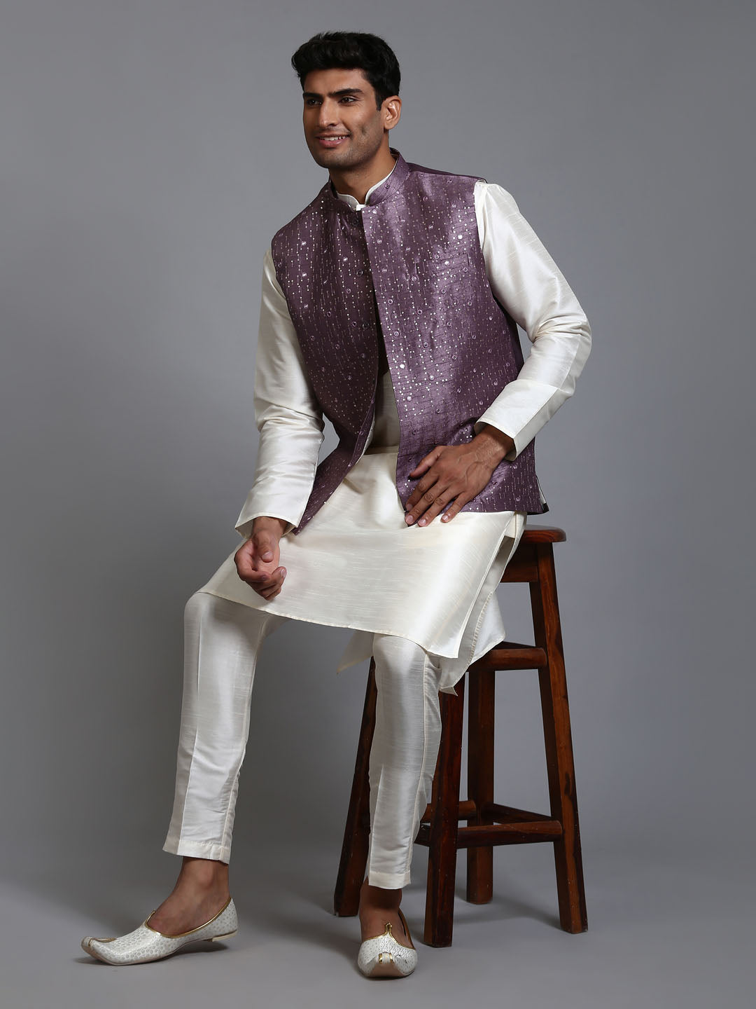 Men's Purple And Cream Silk Blend Jacket, Kurta and Pyjama Set