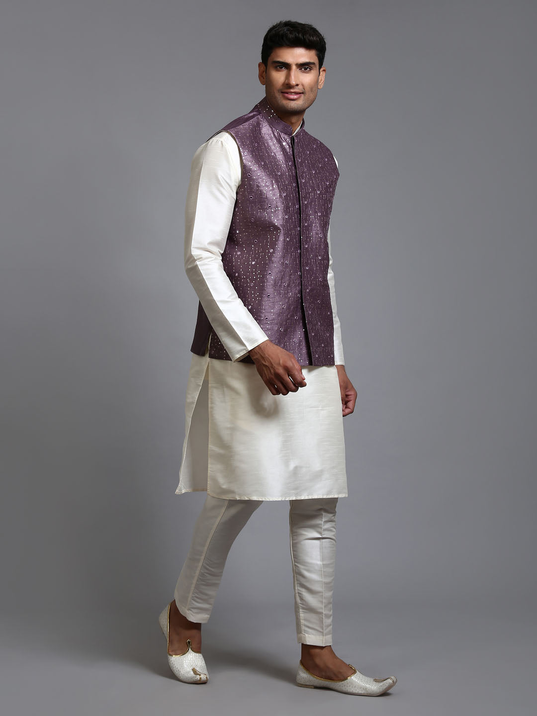 Men's Purple And Cream Silk Blend Jacket, Kurta and Pyjama Set