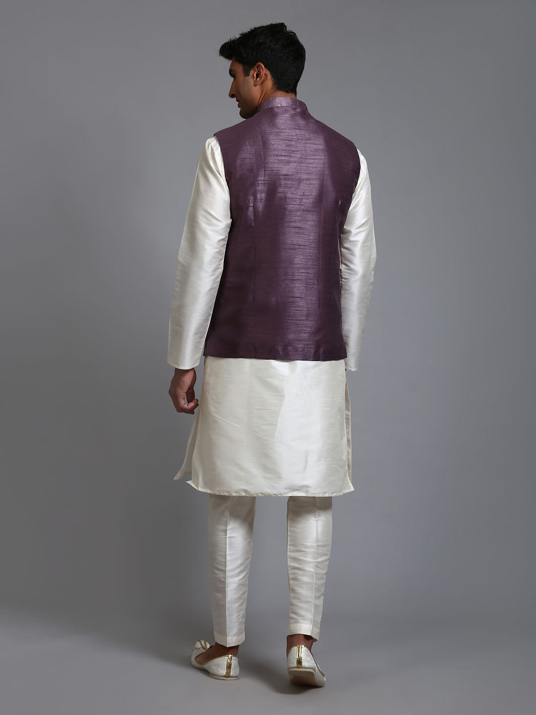 Men's Purple And Cream Silk Blend Jacket, Kurta and Pyjama Set