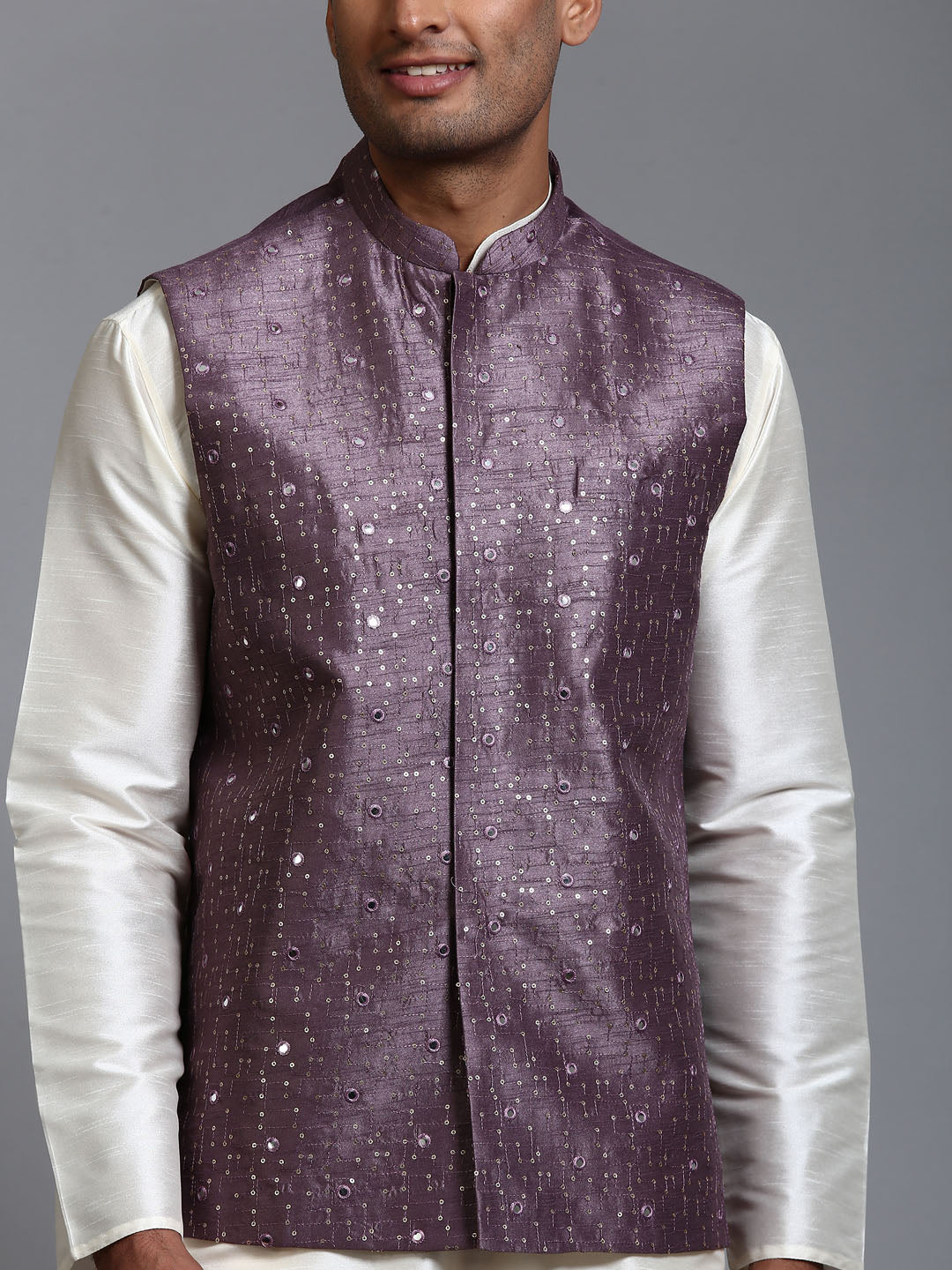 Men's Purple And Cream Silk Blend Jacket, Kurta and Pyjama Set