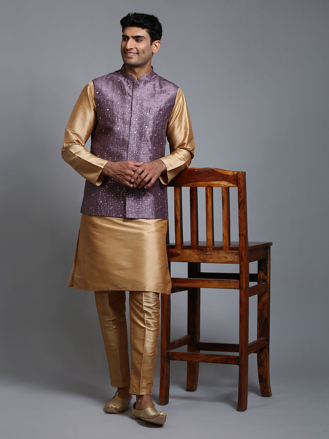 Men's Purple And Rose Gold Silk Blend Jacket, Kurta and Pyjama Set