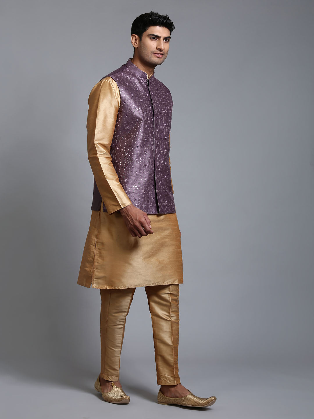 Men's Purple And Rose Gold Silk Blend Jacket, Kurta and Pyjama Set