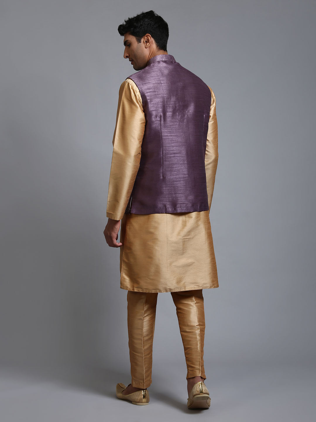 Men's Purple And Rose Gold Silk Blend Jacket, Kurta and Pyjama Set