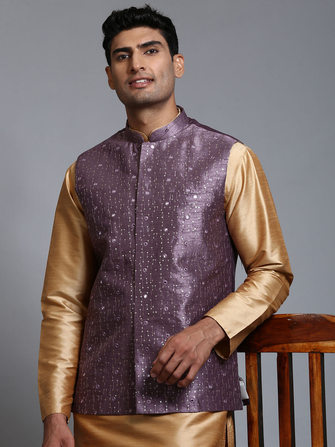 Men's Purple And Rose Gold Silk Blend Jacket, Kurta and Pyjama Set