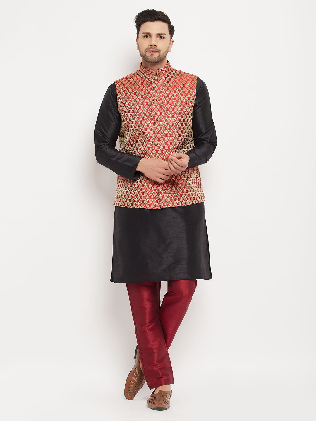 Men's Gold And Maroon Silk Blend Jacket, Kurta and Pyjama Set