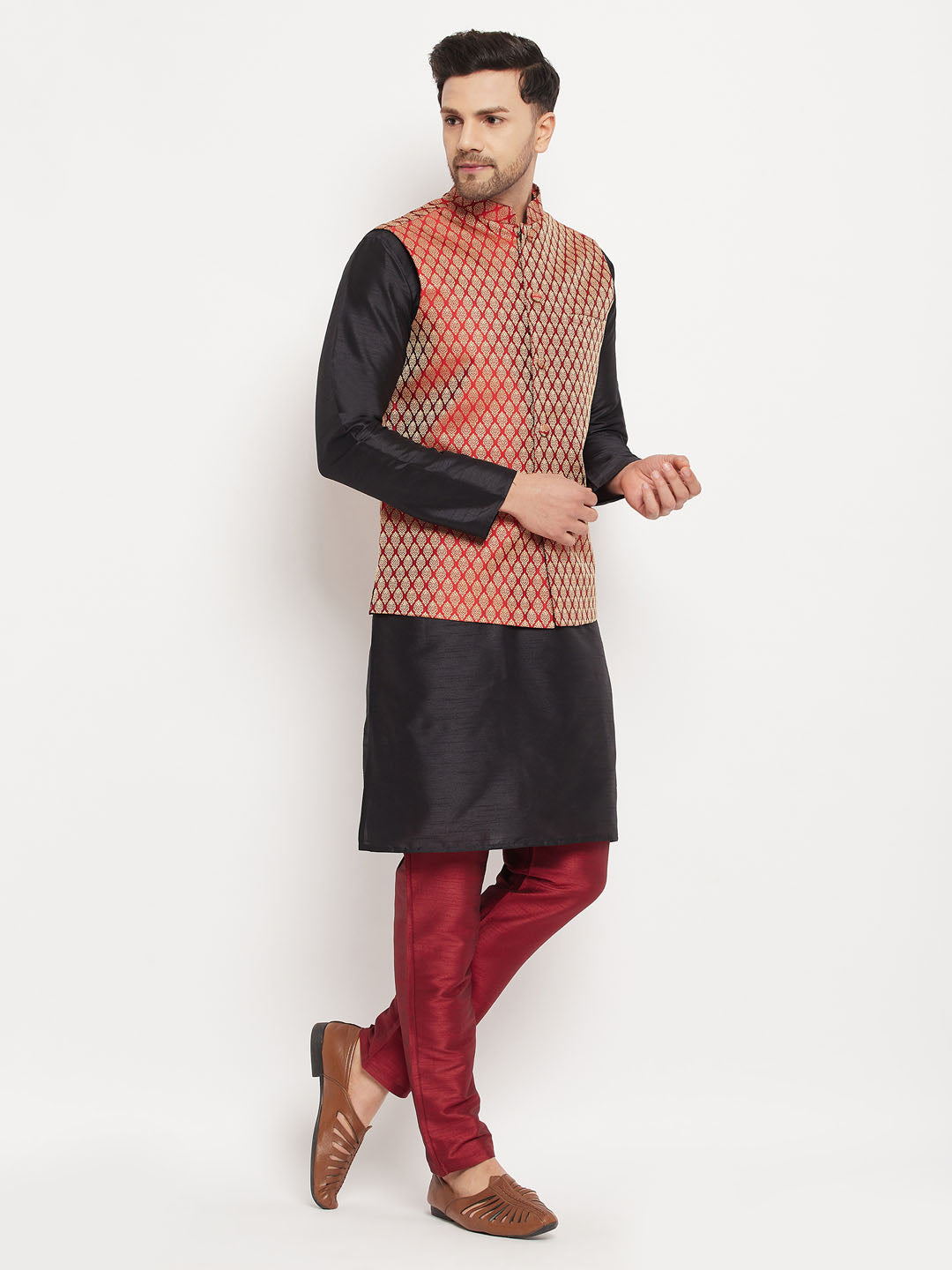 Men's Gold And Maroon Silk Blend Jacket, Kurta and Pyjama Set