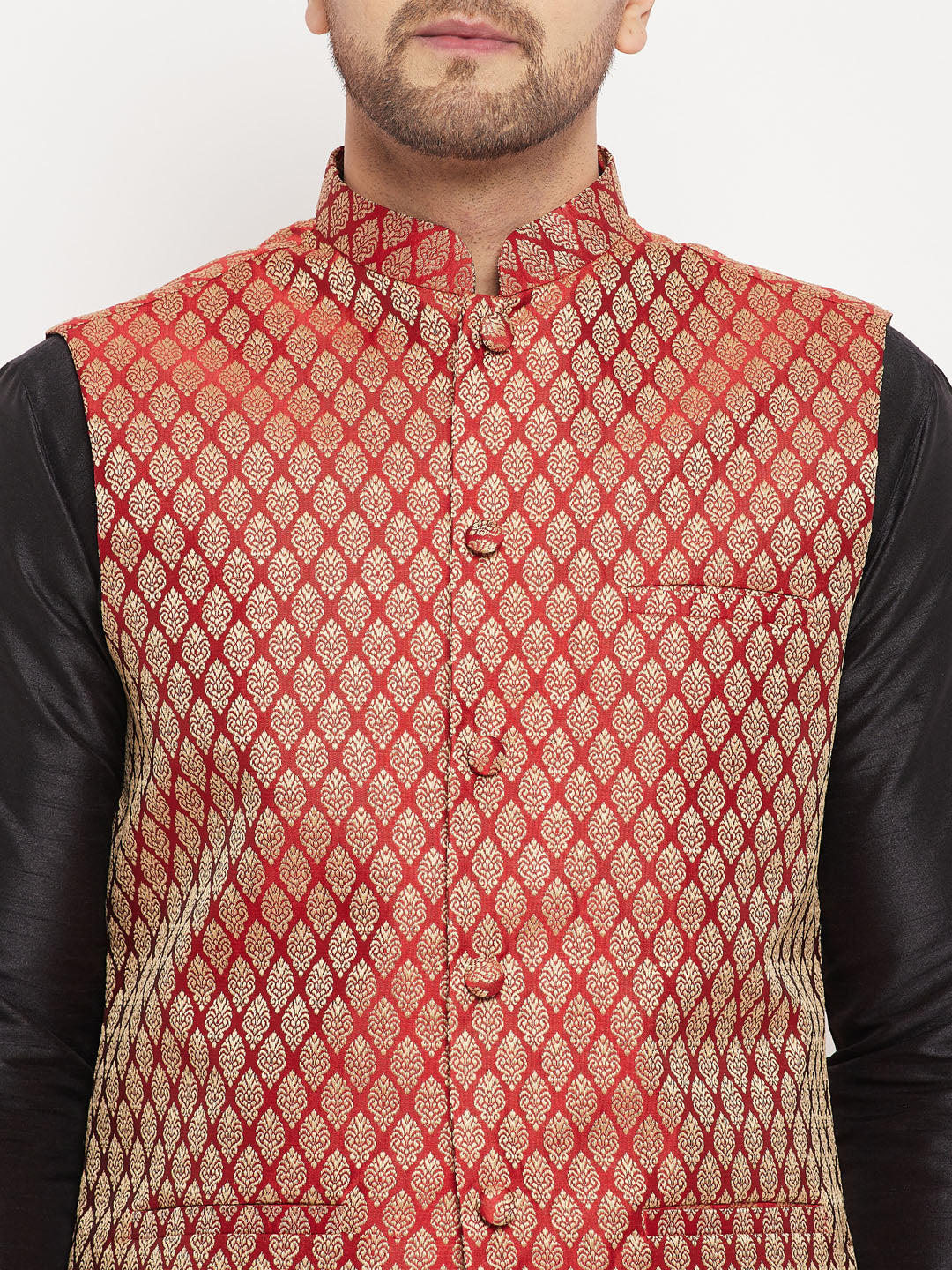 Men's Gold And Maroon Silk Blend Jacket, Kurta and Pyjama Set