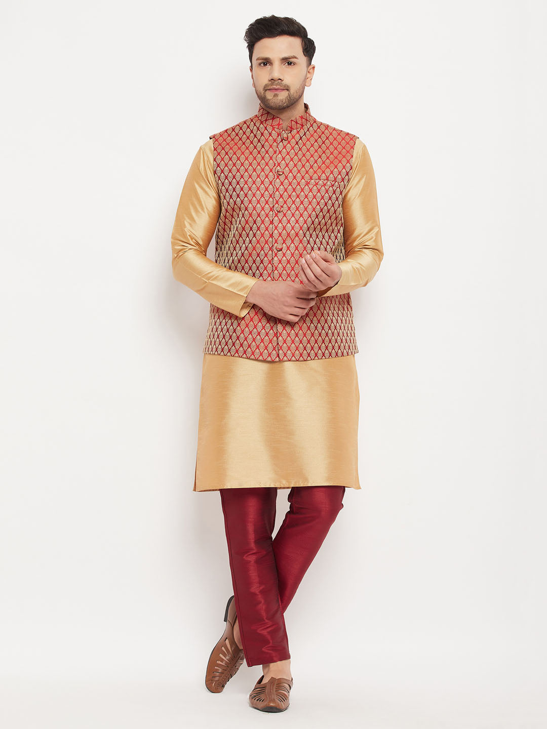 Men's Rose Gold And Maroon Silk Blend Jacket, Kurta and Pyjama Set