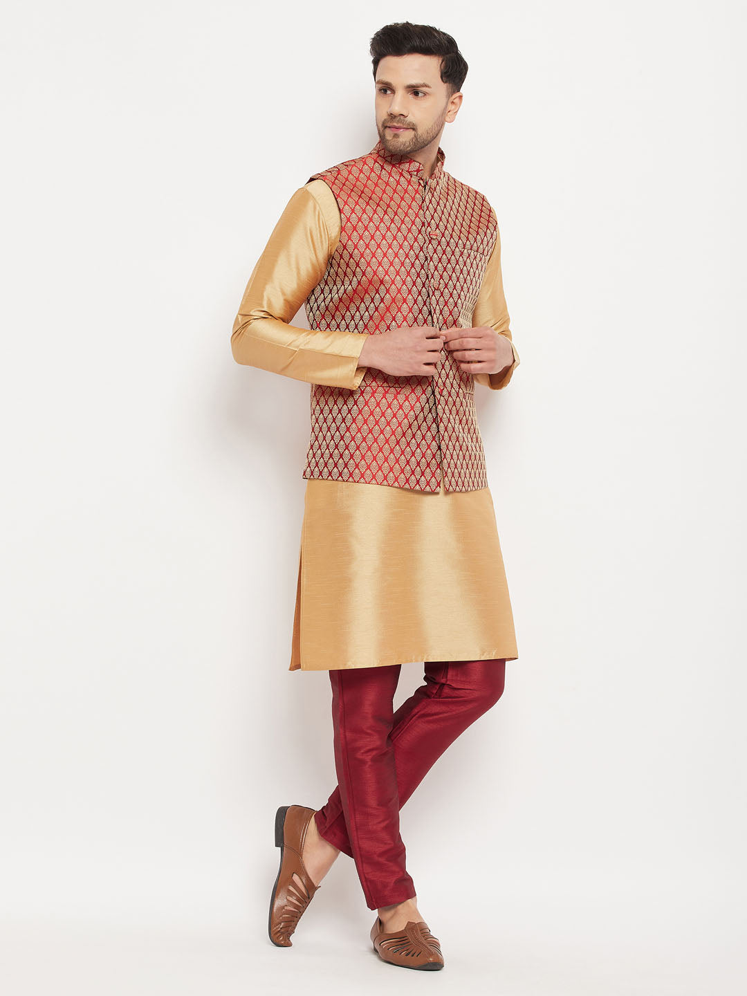 Men's Rose Gold And Maroon Silk Blend Jacket, Kurta and Pyjama Set