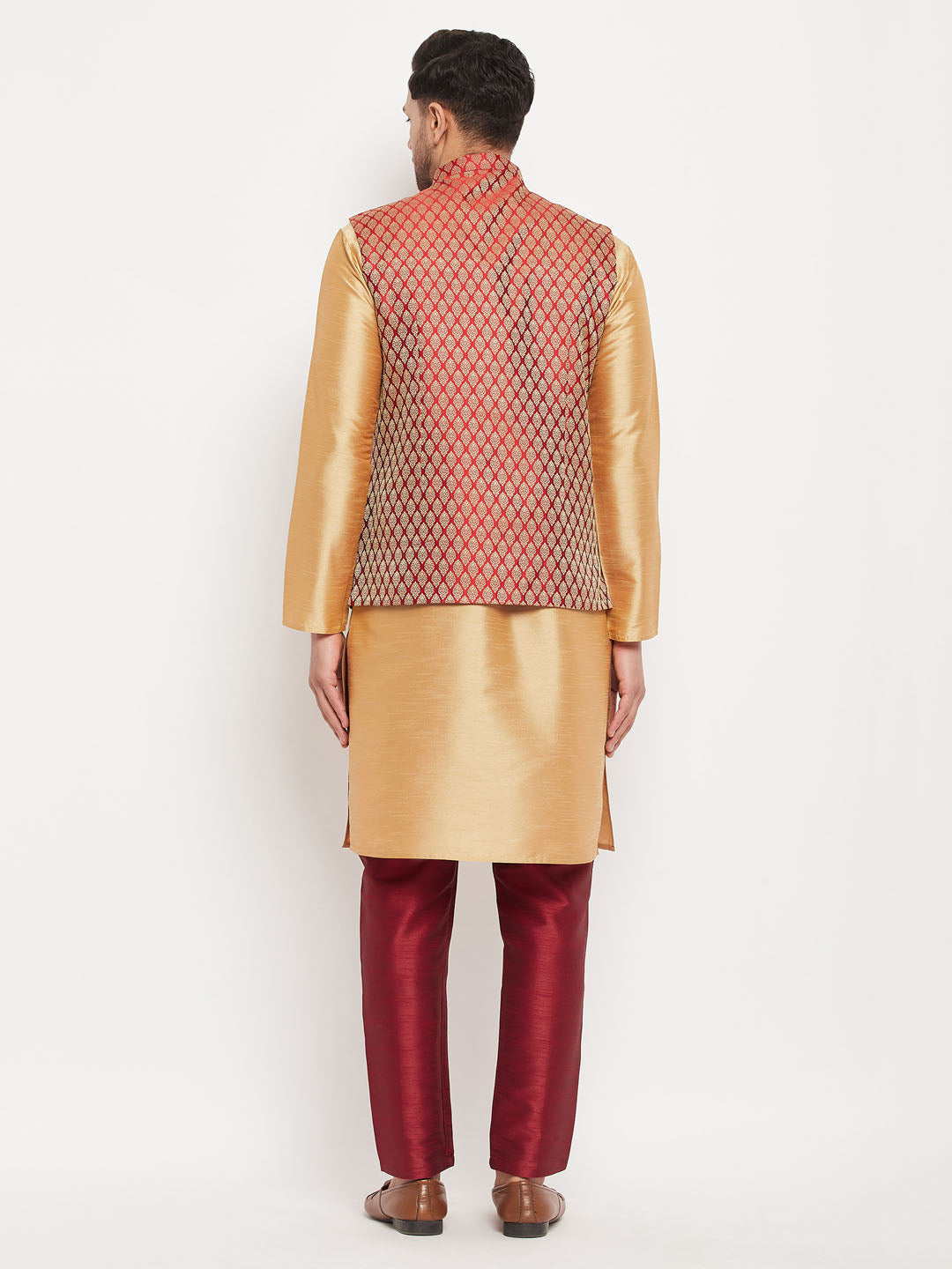 Men's Rose Gold And Maroon Silk Blend Jacket, Kurta and Pyjama Set