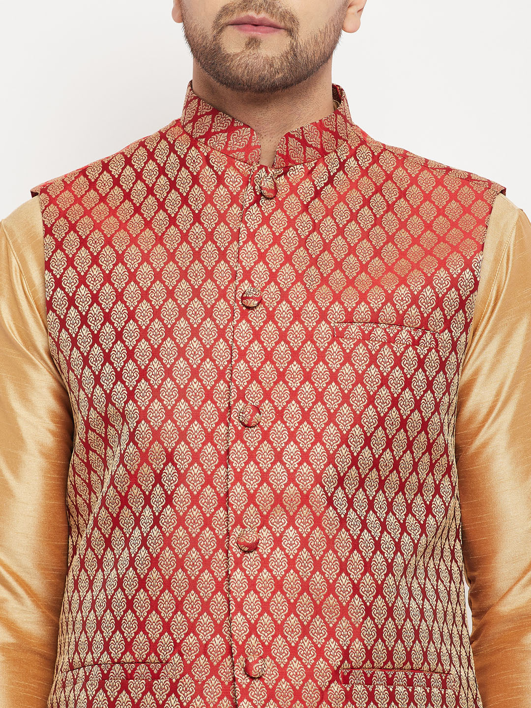 Men's Rose Gold And Maroon Silk Blend Jacket, Kurta and Pyjama Set