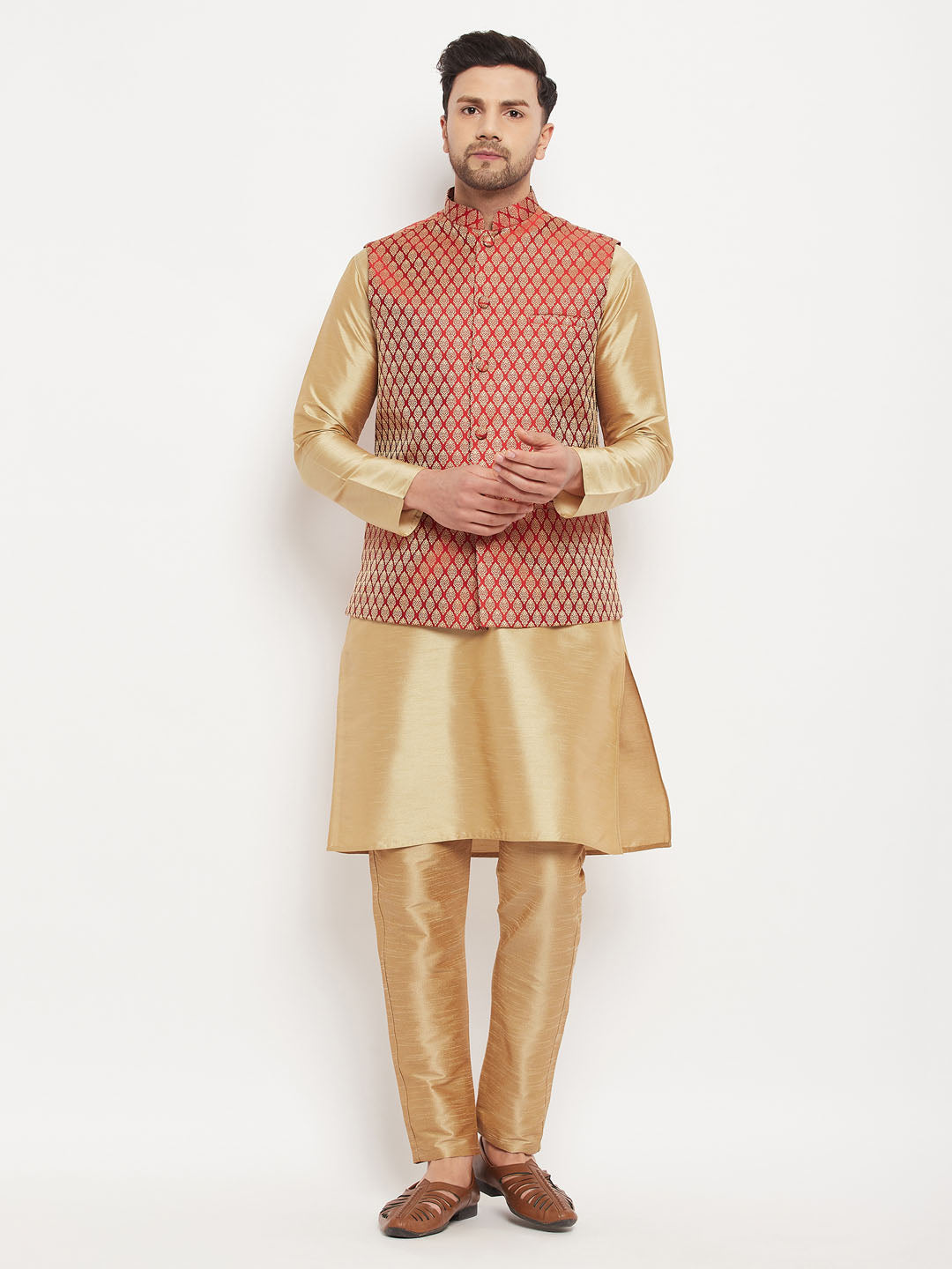 Men's Maroon And Rose Gold Silk Blend Jacket, Kurta and Pyjama Set