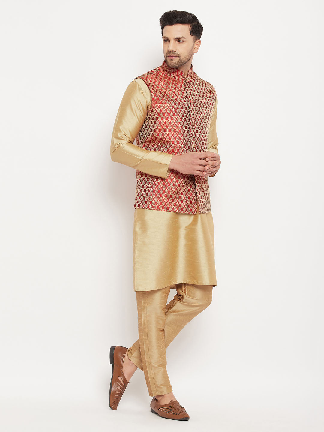 Men's Maroon And Rose Gold Silk Blend Jacket, Kurta and Pyjama Set