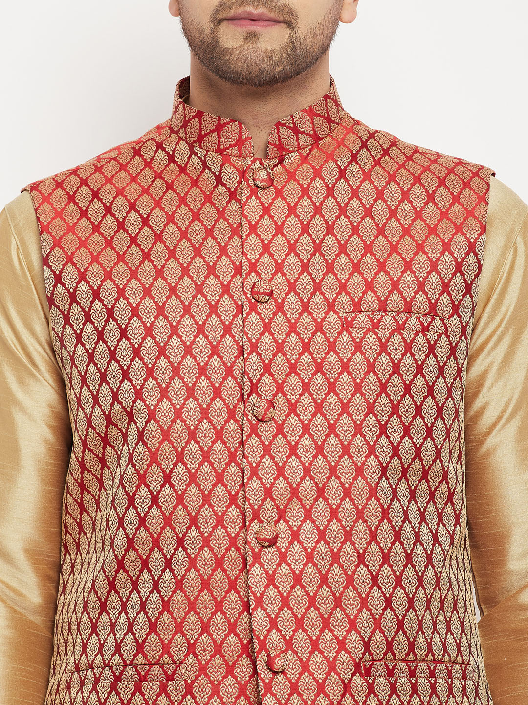 Men's Maroon And Rose Gold Silk Blend Jacket, Kurta and Pyjama Set