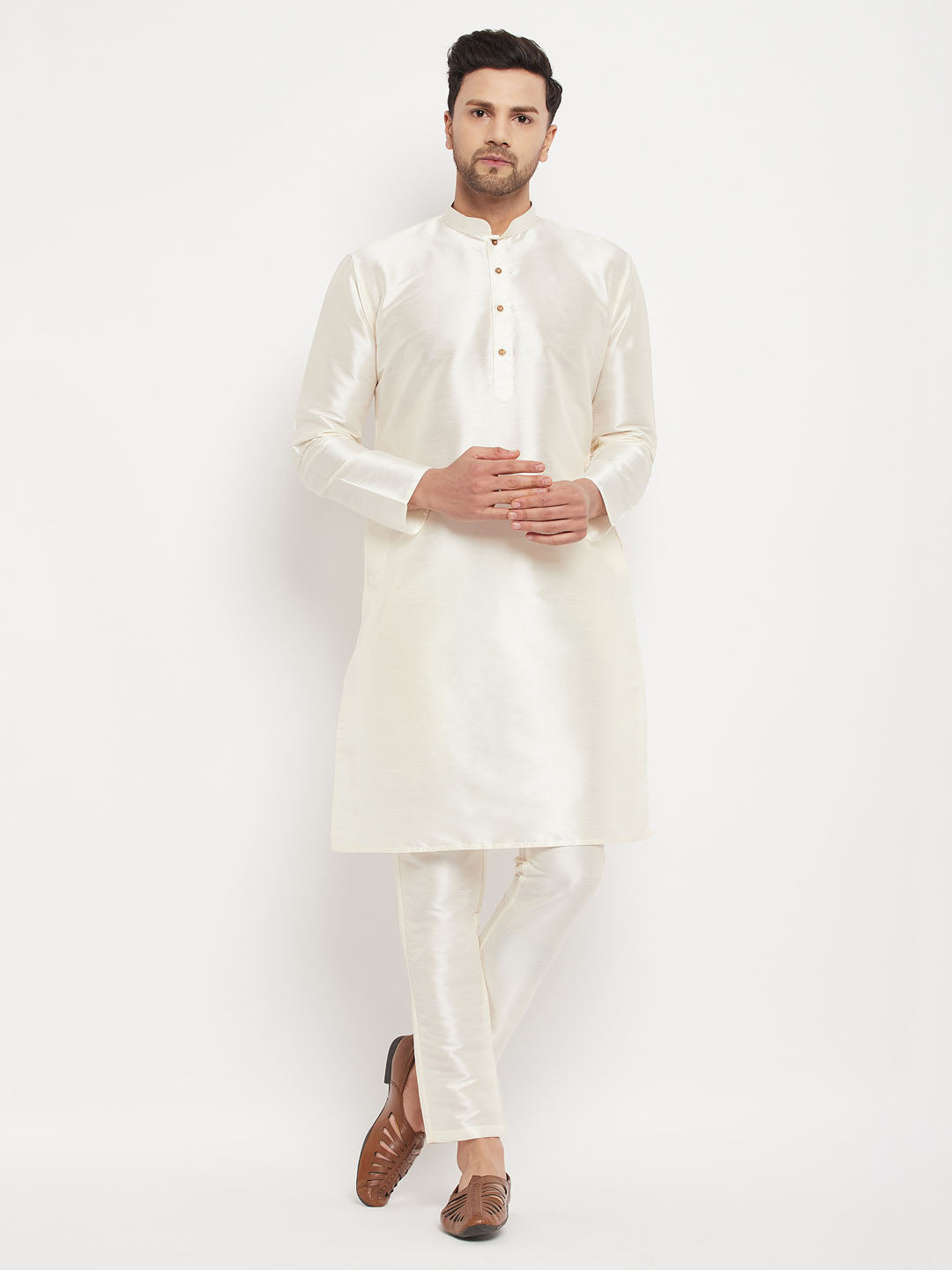 Men's Cream Silk Blend Kurta Pyjama Set