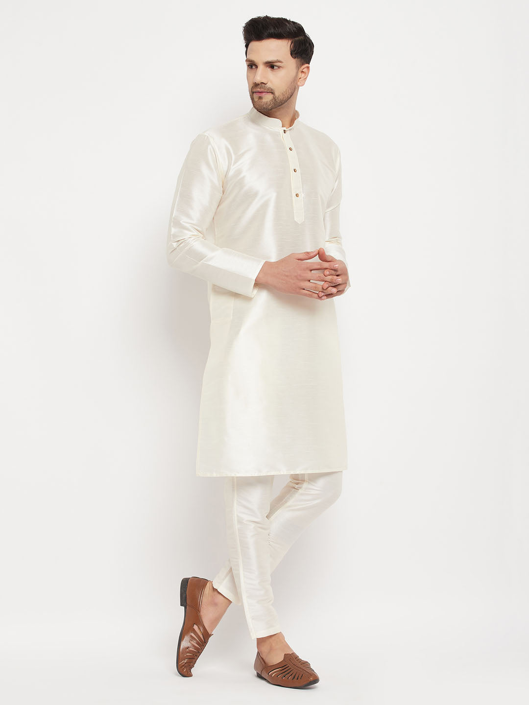 Men's Cream Silk Blend Kurta Pyjama Set