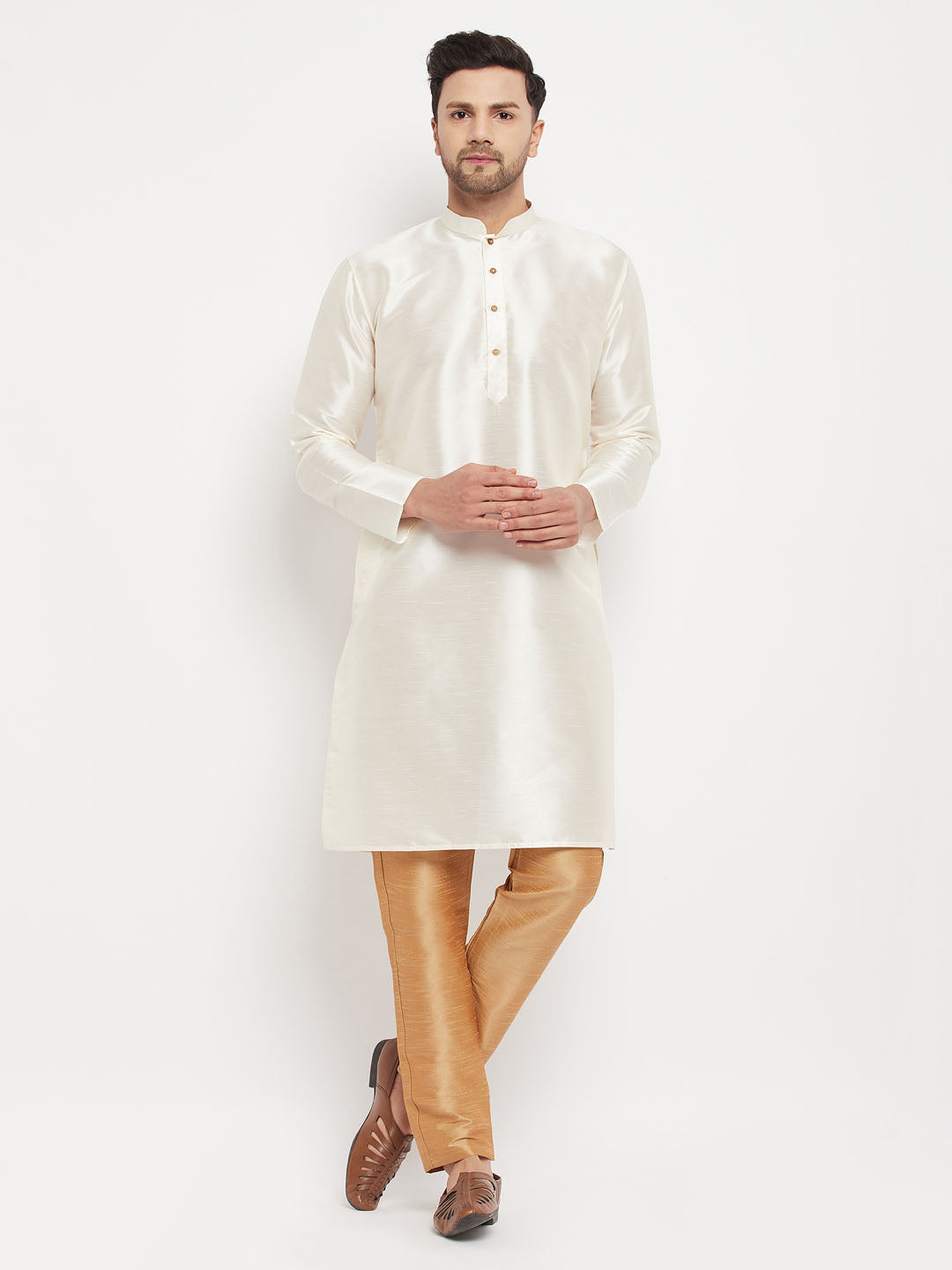 Men's Cream And Rose Gold Silk Blend Kurta Pyjama Set