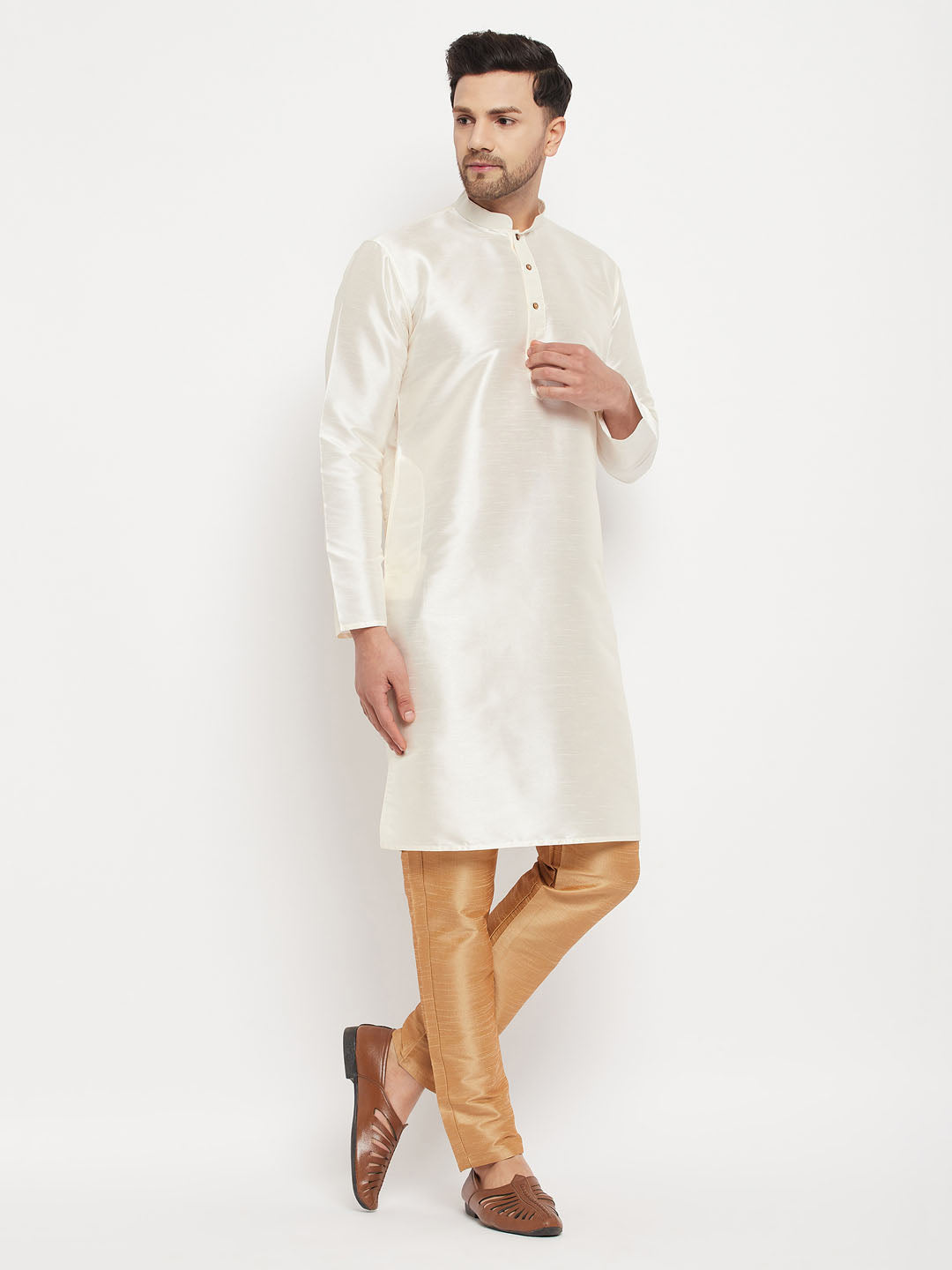 Men's Cream And Rose Gold Silk Blend Kurta Pyjama Set