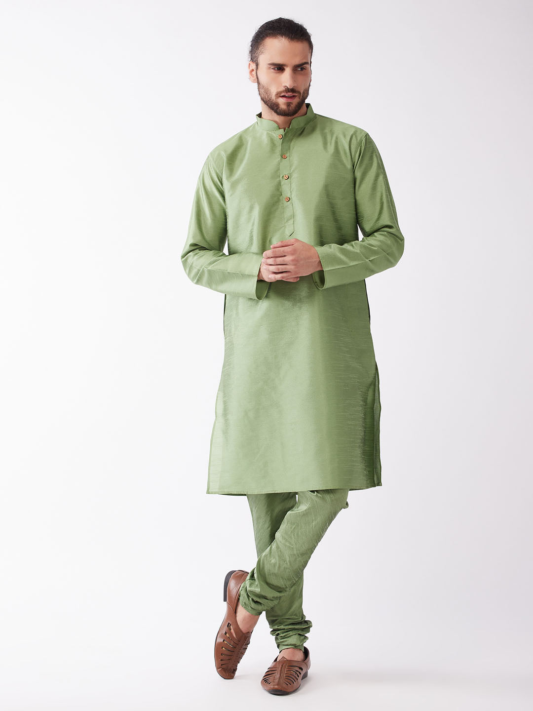 Men's Light Green Silk Blend Kurta Pyjama Set