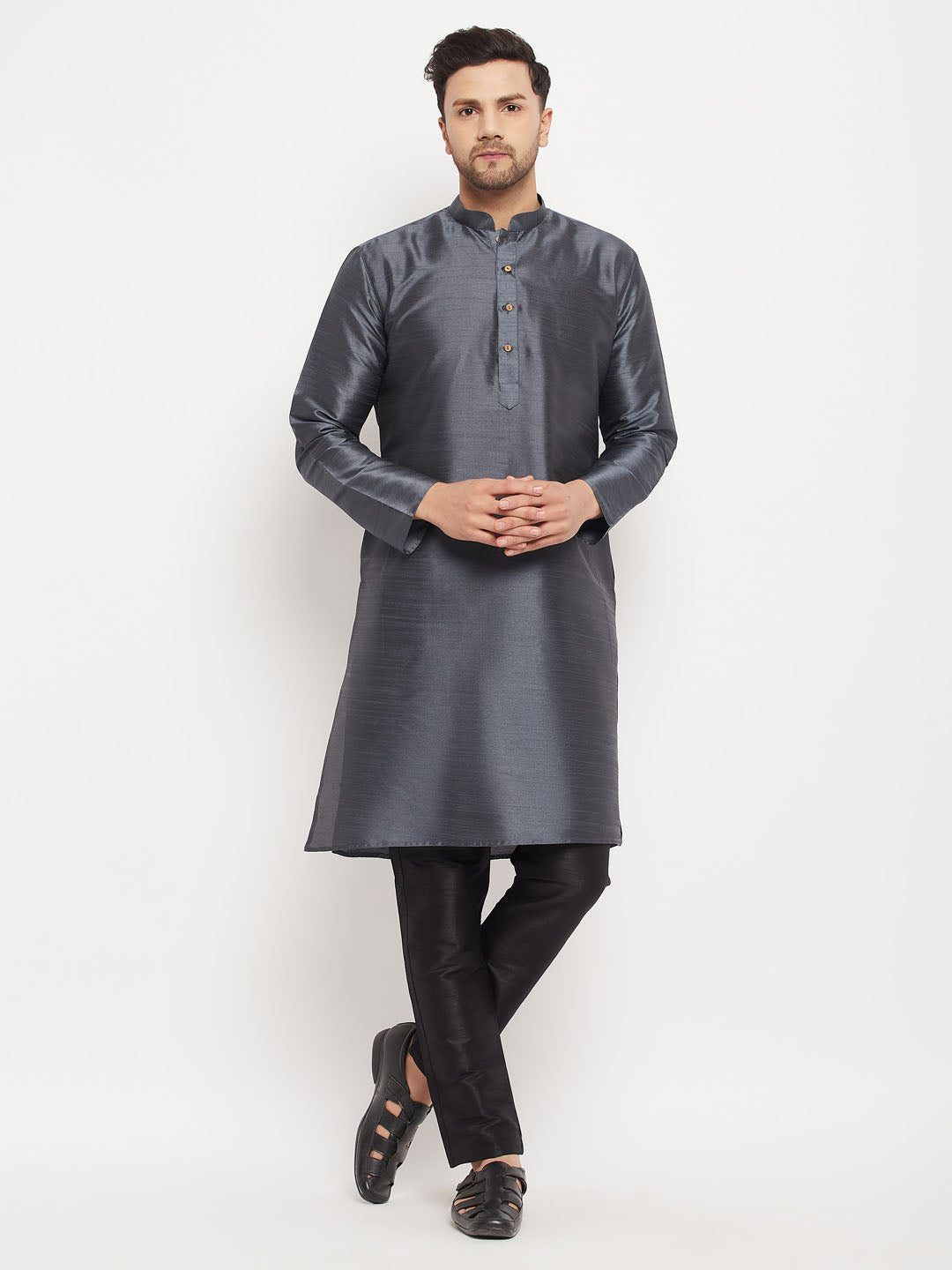 Men's Steel And Black Silk Blend Kurta Pyjama Set