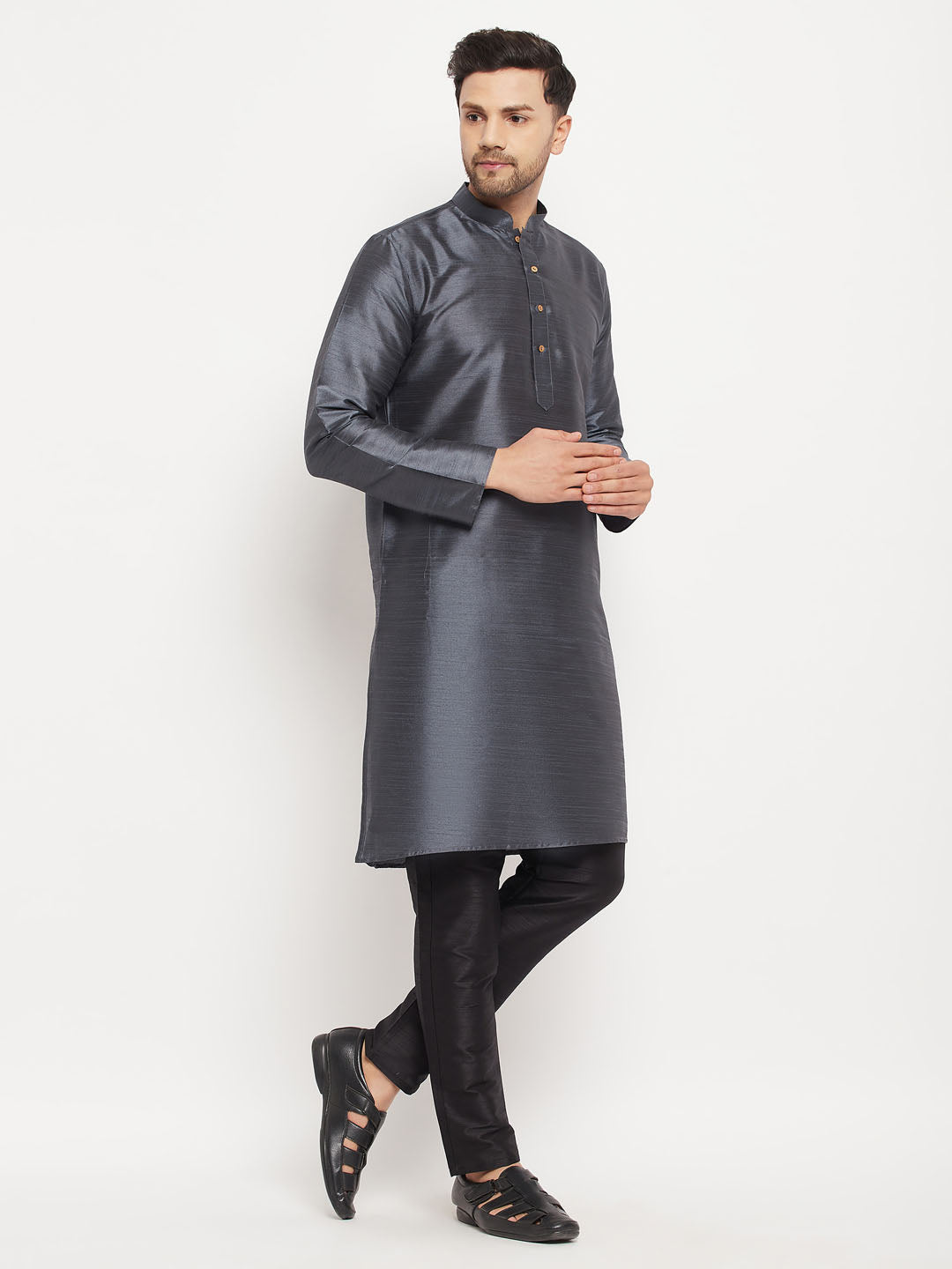 Men's Steel And Black Silk Blend Kurta Pyjama Set