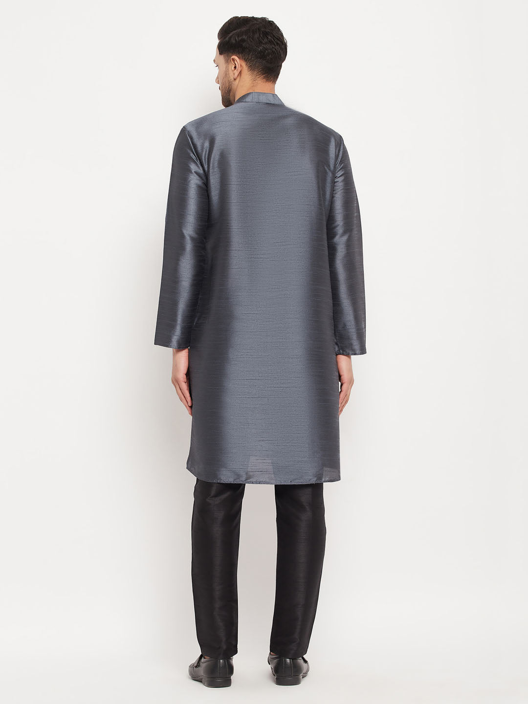 Men's Steel And Black Silk Blend Kurta Pyjama Set